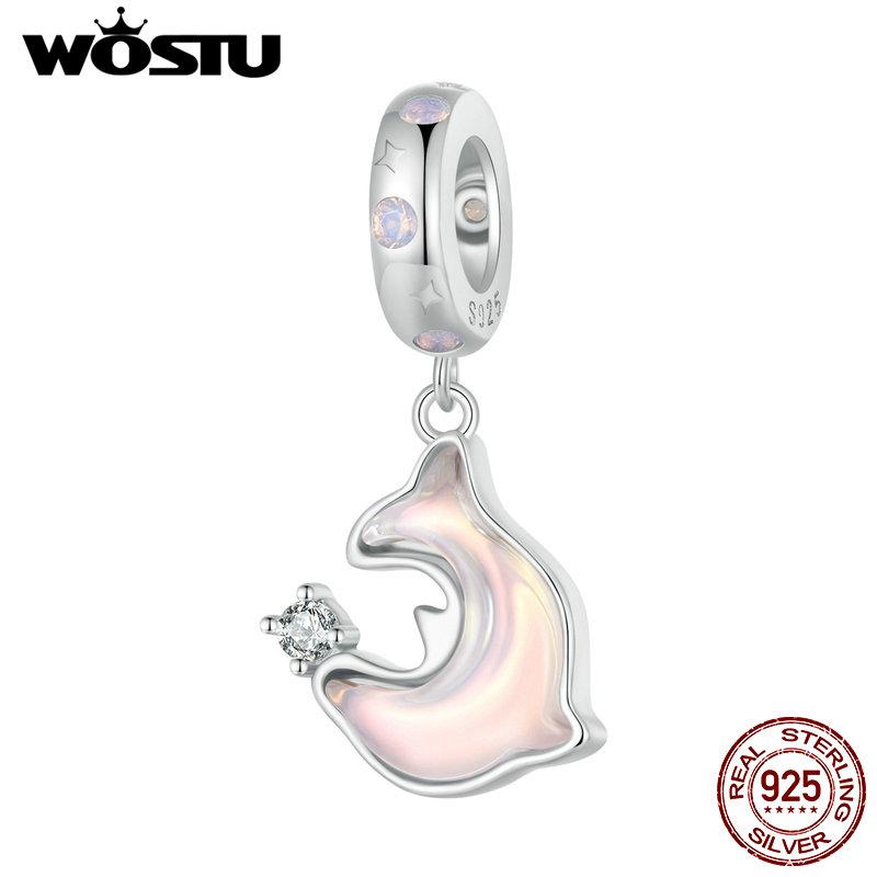 WOSTU 925 Sterling Silver Pink Couple Hearts Charm Star Bear Beads Dolphin Pendants Fit Original Bracelet DIY Jewelry