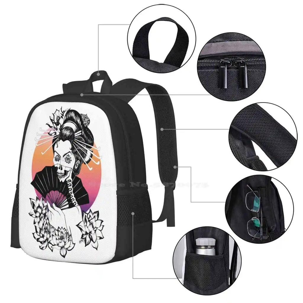 Sunset Lotus Geisha With Skeleton Fan Hot Sale Backpack Fashion Bags Geisha Skeleton Sunset Fan Lotus Asian Bones Flower Black
