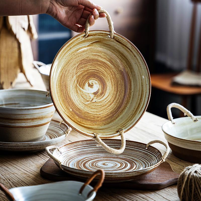 Japanese Vegetable Plate Retro Soup Plate Coarse Pottery Braided Rope Binaural Plate Creative Deep Plate Household Salad Fruit Plate Micro-Defects