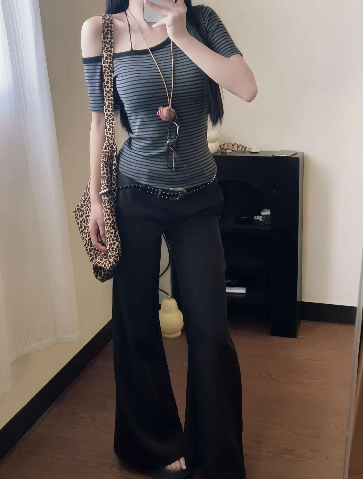 Дизайнерская Полосатая Футболка с Асимметричным Плечом, Короткий Рукав, Летняя Новинка, Шикарная, Облегающая, Дерзкая, Студенческая, Женская S