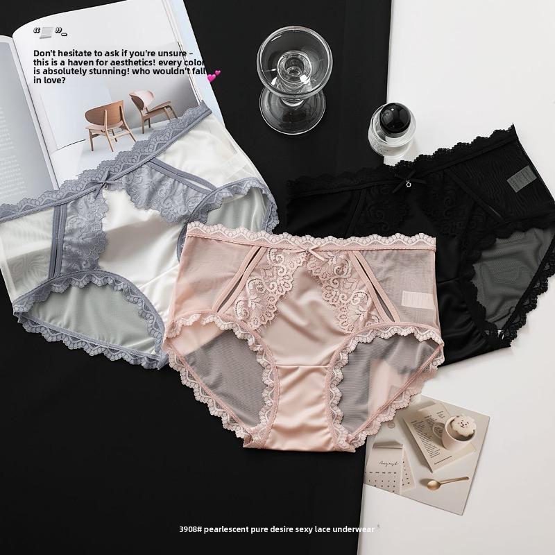 Ladies Summer Sexy Lace Pure Cotton Extended Bottom Crotch Breathable Mid Waist Triangle Briefs