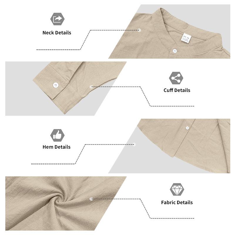 Men Linen‑Blend Button‑Down Shirt Stand Collar Chest Patch Pocket Roll‑Up Sleeve Button Tab Lightweight Breathable Wrinkle‑Resistant Casual Beach Top