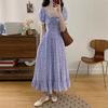 2026 Summer Plus Size Puffy Sleeve Square Neck Dress for Women - French Style Purple Floral