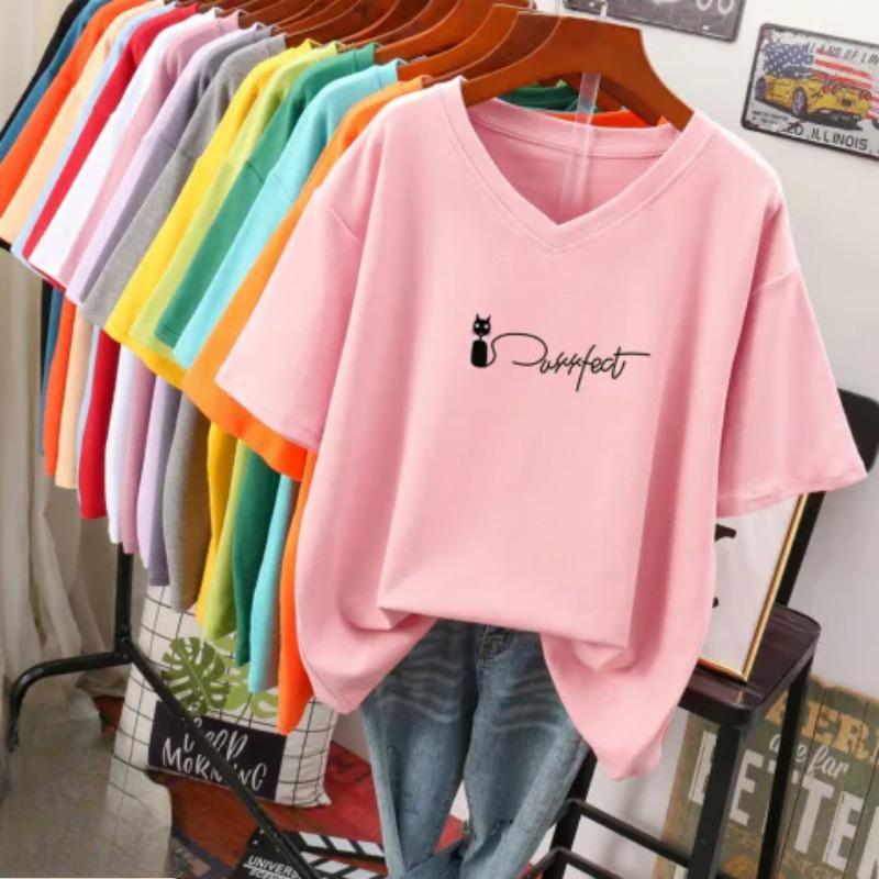 Short-sleeved T-shirt for Women, Large Size, Loose and Slimming, Printed V-neck Top