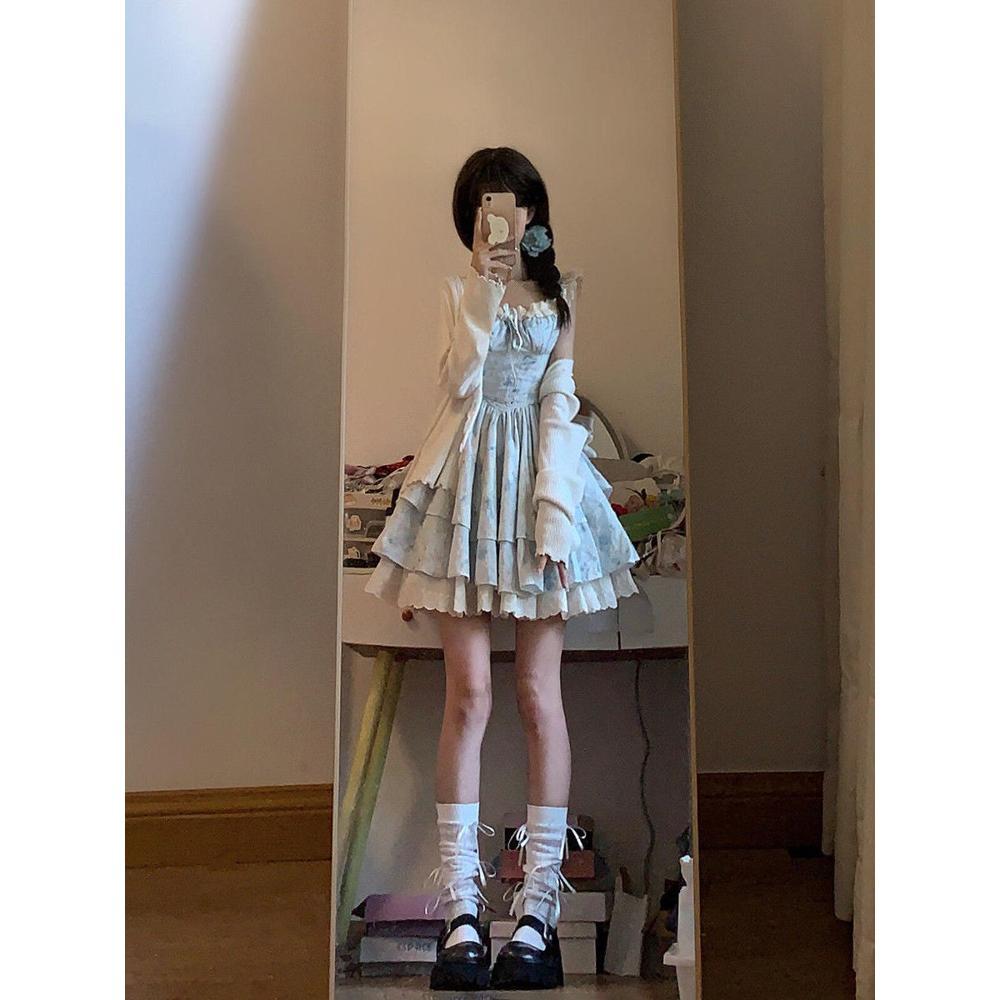 French sweet floral small flying sleeve dress, summer new daughter feeling waist pure desire wind princess fluffy dress