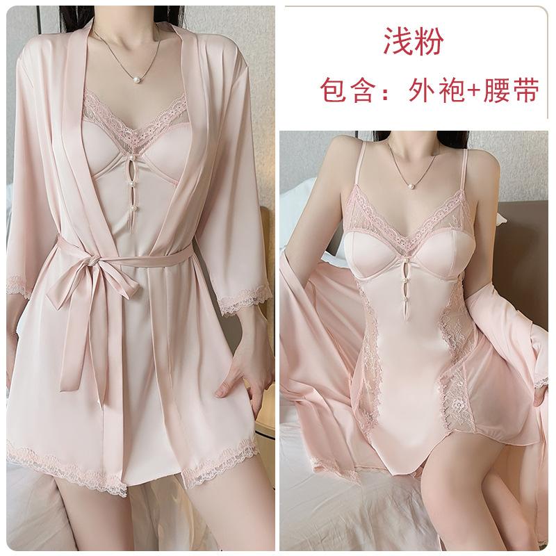 Women's Plus Size Satin Lace Trim Padded Cami Dress with Robe Lounge Set