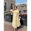 Large Size Women's Clothing Summer Square Neck Short-sleeved Floral Dress Fat Mm Covering Meat and Showing Thinness Elegant Skirt Yellow Slim Fit