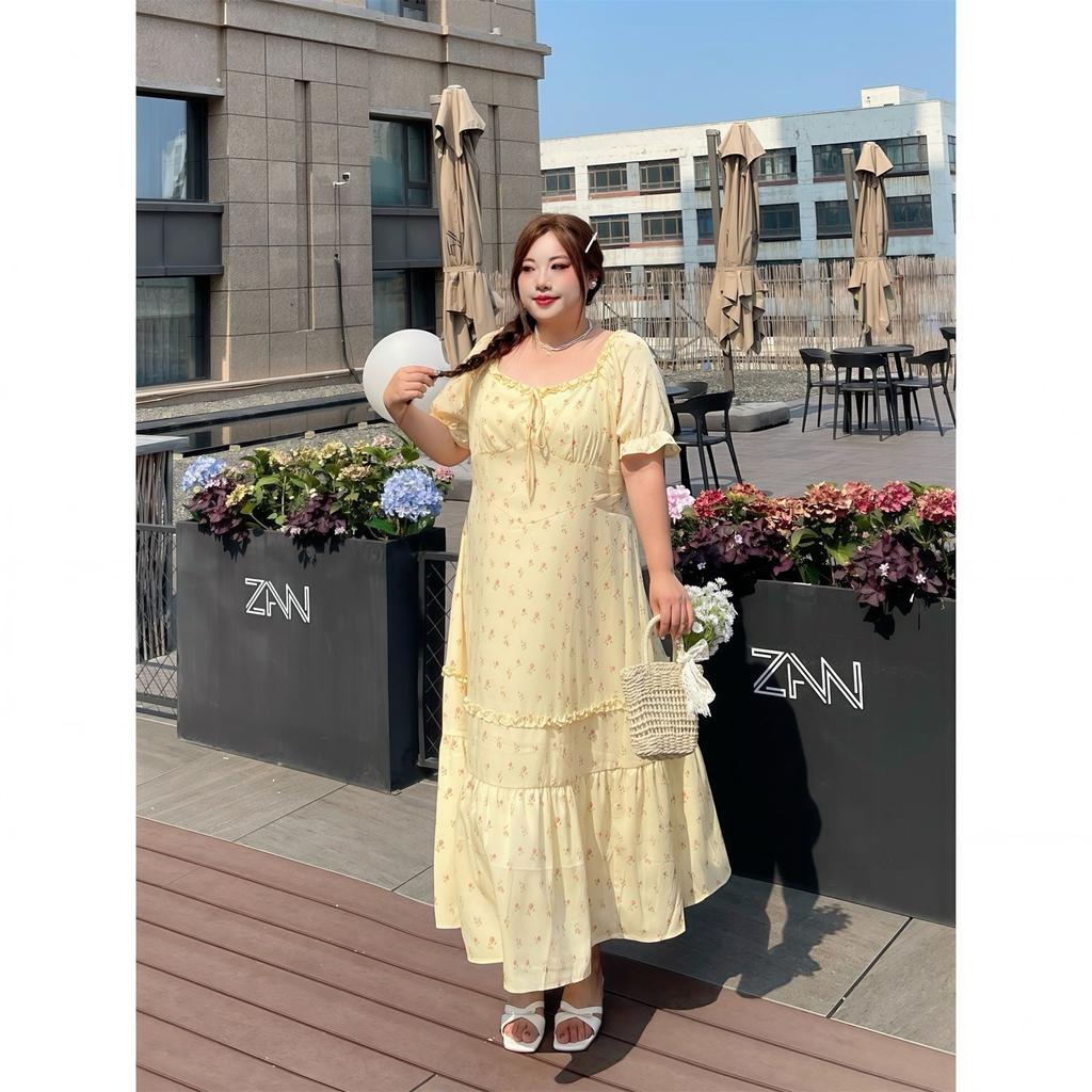 Large Size Women's Clothing Summer Square Neck Short-sleeved Floral Dress Fat Mm Covering Meat and Showing Thinness Elegant Skirt Yellow Slim Fit
