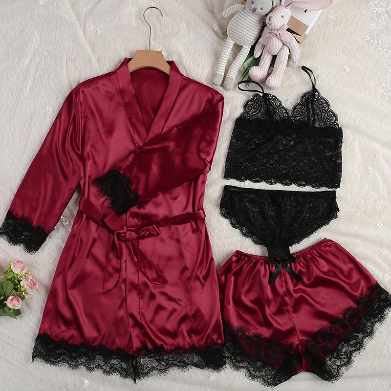 Plus Size Women's 4-Piece Lace Pajama Set: Robe, Shorts, and Camisole In European & American Style