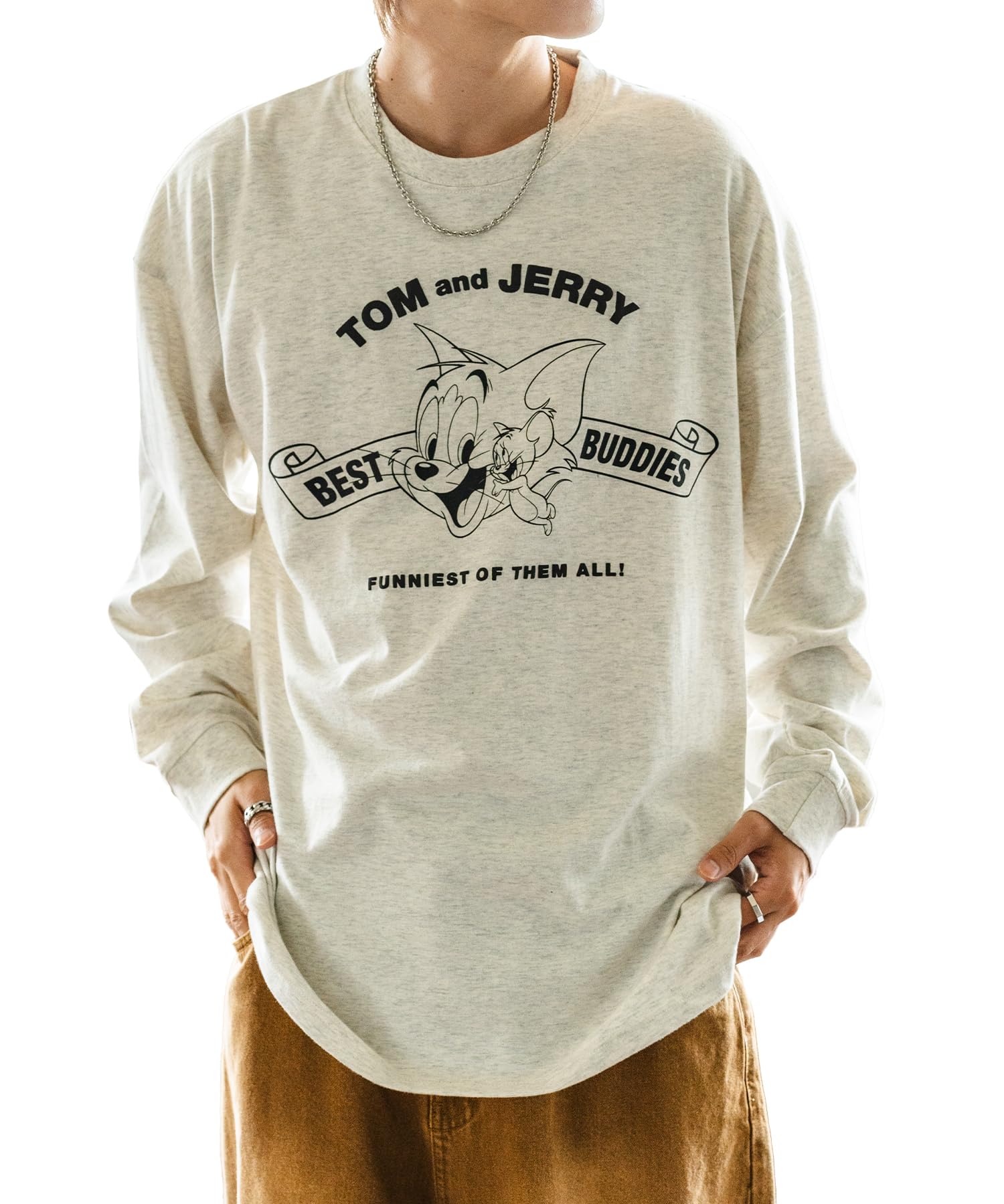 

[IMPROVES] Casual [TOM & JERRY] Custom-made Buddies Oval Long Sleeve T-Shirt, Men s, Oatmeal