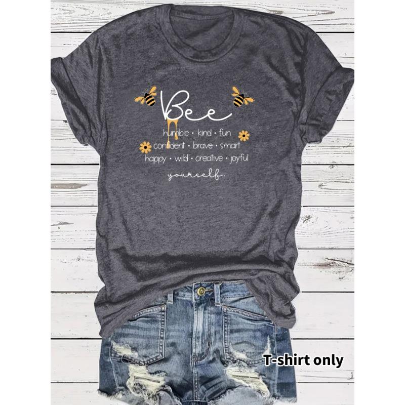 Women's Casual and Fashionable T-shirt with A Round Neck and Short Sleeves Featuring Bee and Letter Patterns
