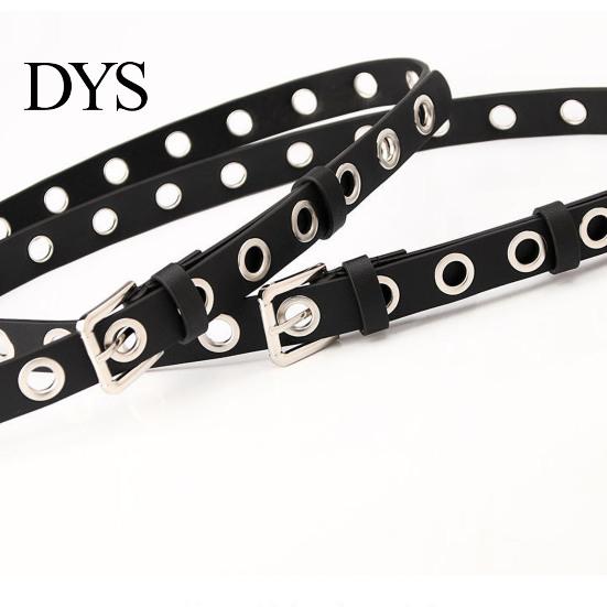 Durable Women Belt With Simple Design Thin Pants Metal Buckle Faux Leather Hollow Circle Waistband Adjustable Length Multi Holes Jeans