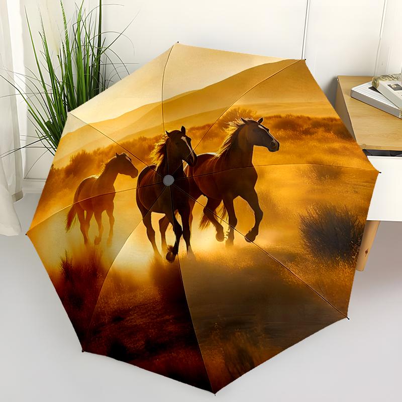 Horse Theme Design Folding Umbrella-Fashionable Auto-Open Design 8 Iron Ribs Plastic Handle Foldable Sunshade,Perfect Gifts