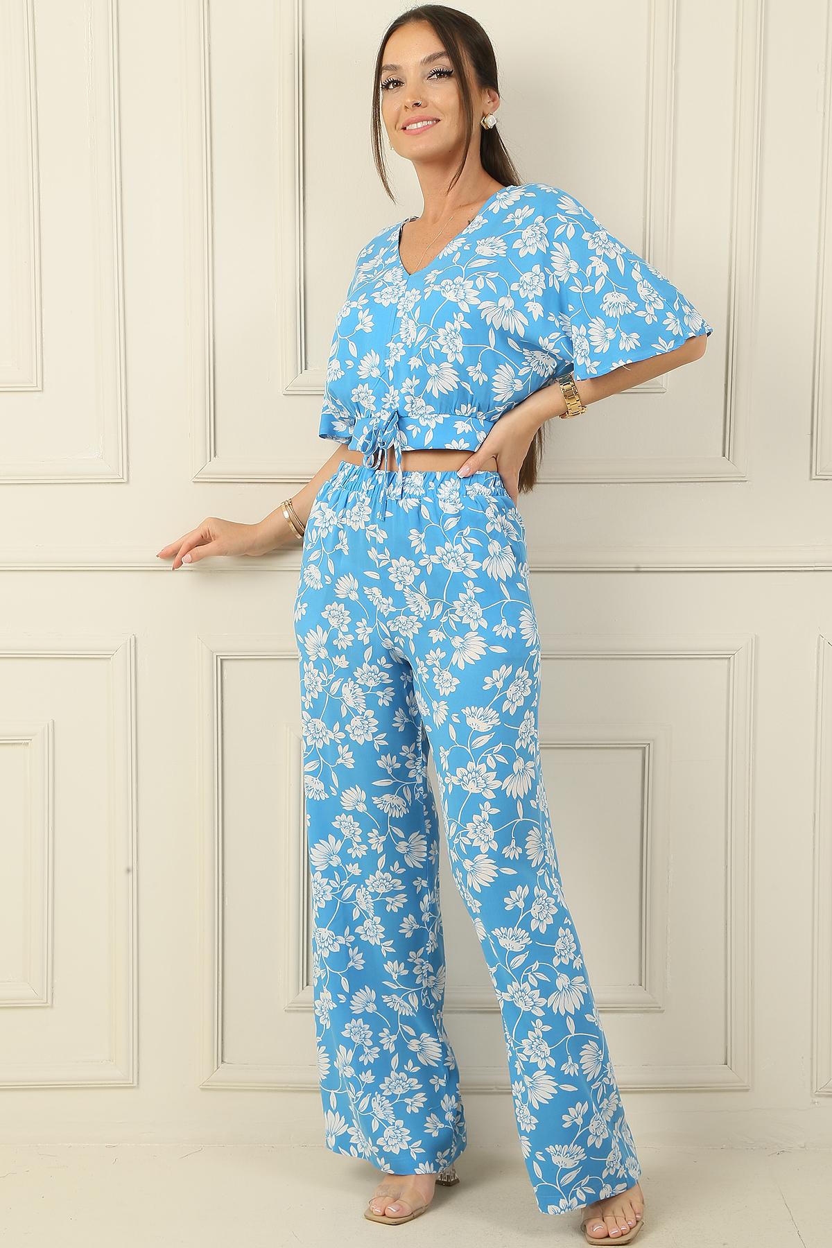 

Front Back V Neck Crop Waist Elasticated Pocket Palazzo Pants Floral Pattern 2-Piece Set L синій