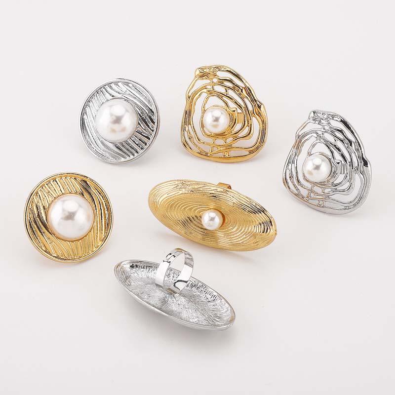 Exaggerated Metal Irregular Hollow Pearl Rings for Women Punk Hip Hop Gold Color Geometric Adjustable Finger Ring Jewelry