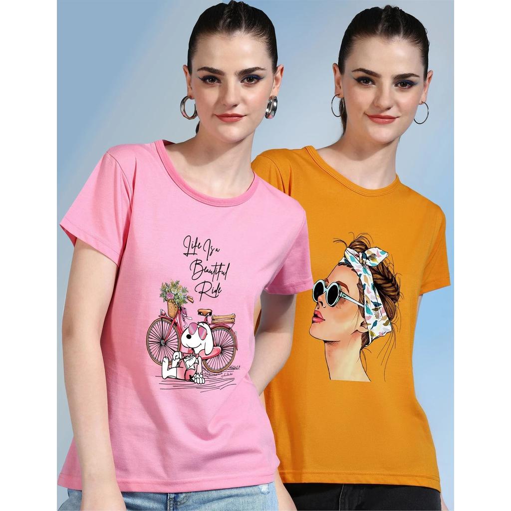 Indian Cotton Blend Women T-Shirt Short Sleeve Casual Round Neck Top Pack Of 2