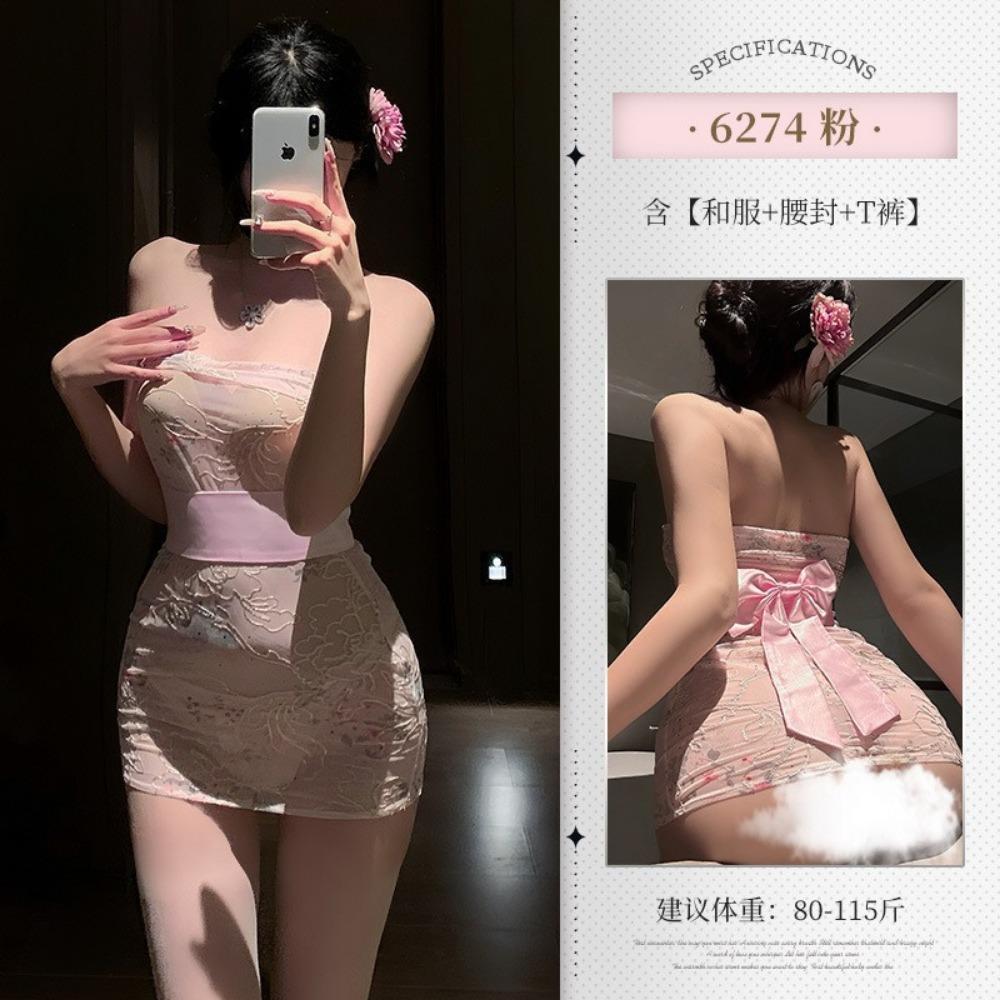 Duofu + Tube Top Embroidery Print Perspective Japanese Kimono Set, Erotic Underwear, Sexy Hip Wrap Uniform