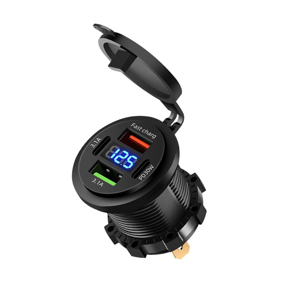 83W Zásuvka nabíječky do auta PD 30W Rychlé nabíjení Dvojitý USB+Type C Výstup Telefonní napájecí adaptér s voltmetrem pro motocykl, nákladní automobil, loď