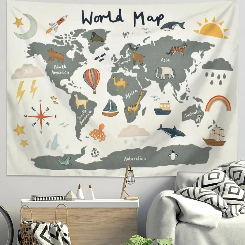 Arazzo Mappa del Mondo Animali Cartoni Animati Poliestere da Appendere alla Parete Tessuto di Sfondo Educativo per Stanza Bambini Asilo Nido Camera da Letto Decorazione