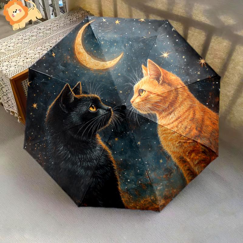 1 Stück Automatischer Faltregenschirm - Sternennacht Katzenmuster, Tragbares & Faltbares Design mit 8 Speichen, Weihnachts-Geburtstagsgeschenke