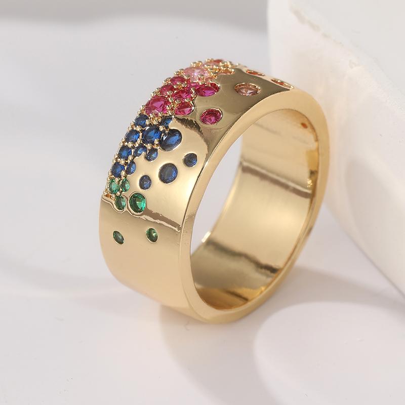 Exquisite Gold Color Inlaid Multicolored CZ Women's Ring Geometry Daily Wear Party Jewelry