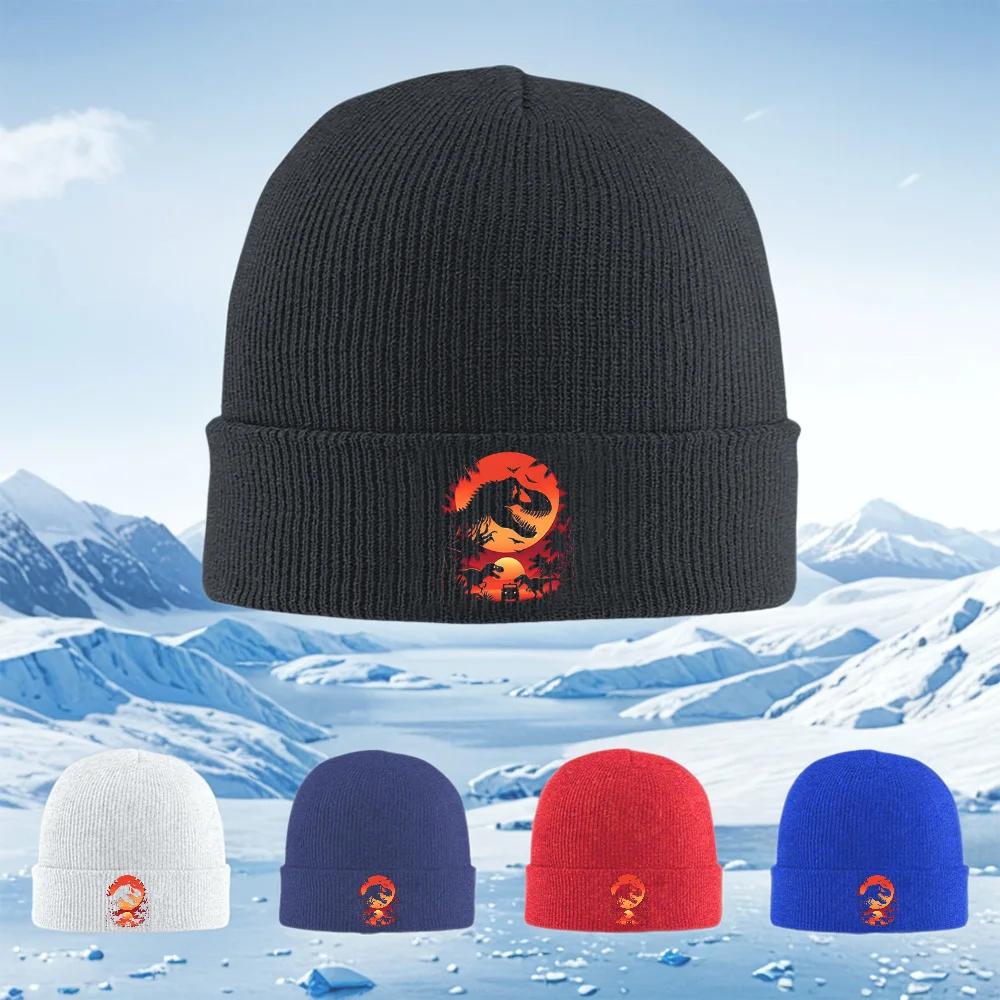 Dinosaur silhouette sunset trees birds vehicle Unisex Women Unisex Knitted Hat Beanie Pullover Cap Winter Thermal Warm Christmas Ou