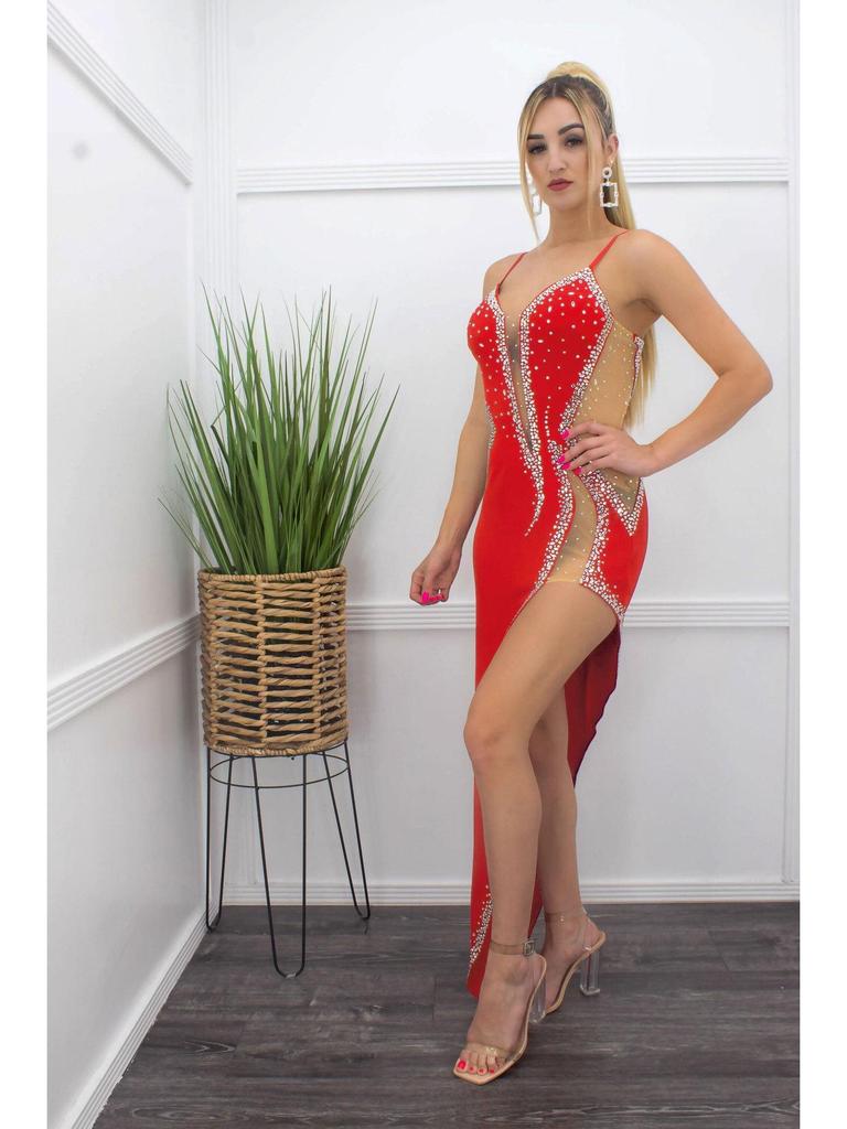 ZQK2567 Sexy See-Through Spaghetti Strap Evening Dress with Hot Drill Design
