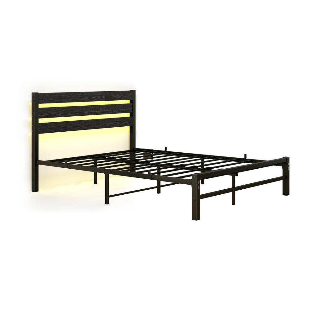 140x200cm Metal Bed Frame with Headboard, USB Charging Station, LED, Strong Steel Slat Support, Under Bed Storage, No Box Spring Required, Assembly
