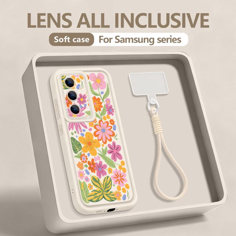 Colorful Rose Flower Pattern Lanyard Phone Case For Samsung Galaxy S25 S24 FE S26 S24 S22 Ultra S23 Plus S25 Edge TPU Soft Cover