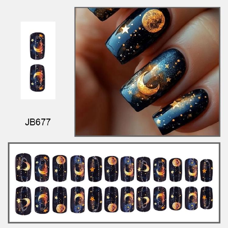24 Pieces Medium Square False Nail Acrylic Artificial Nail Glossy Full Cover Stick On with Moon Star Designs for Parties