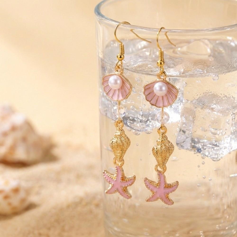 Pearl Starfish Stud Earrings Bohemian Shell Drop Earrings Fashion Rhinestone Dangle Earrings  Women