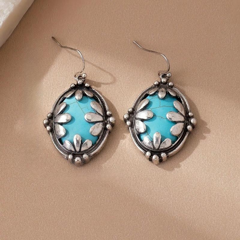 1 Pair Bohemian Vintage Creative Oval Flower & Turquoise Earrings, Suitable for Women Daily, Travel, Gift
