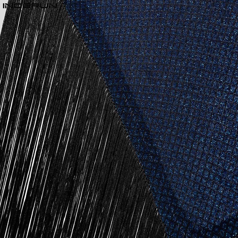 INCERUN Letnie Męskie Wysoki Kołnierz Błyszczące Kratka Frędzle Półprzezroczyste Peleryny Top