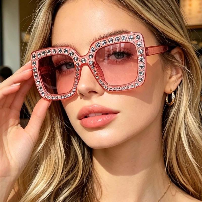 Retro Crystal Diamond Sunglasses Oversized Big Square Sunglasses Unisex European American Fashion Rhinestone Eyewear Glasses