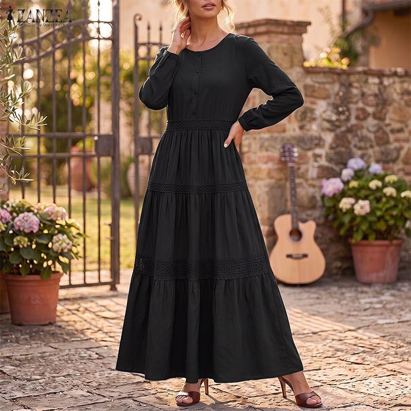 ZANZEA Women Casual Round Neck Loose Long Sleeve Lace Splice Long Dress S