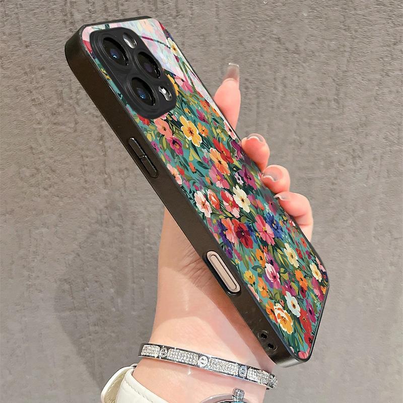 Style Colorful Floral Pattern HD Tempered Glass Phone Case For iPhone 17 16 15 14 13 12 11 Pro Max 16E 7 8 Plus XR XS X Cover