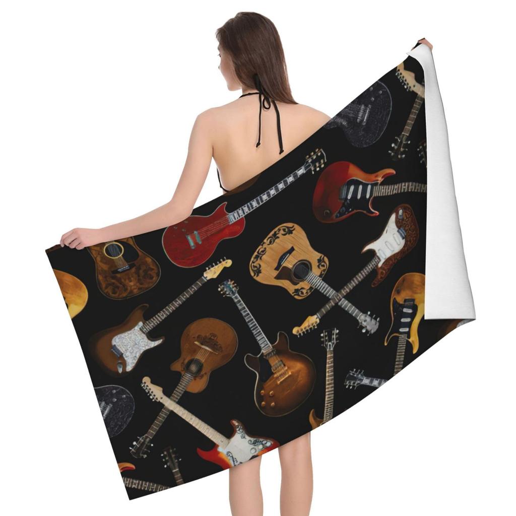 Vintage Guitar Pattern Print Sand Free Beach Towel Quick Dry Absorbent Music Theme Bath Towel for Pool Swimming Bathroom Beach
