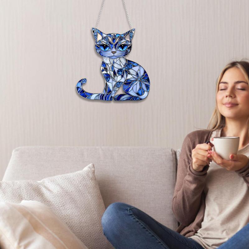 Cat Sun Catcher Ornament Acrylic Blue-white Stained Glass Window Hanging for Indoor/Outdoor Decor Garden Room Gift for Friends