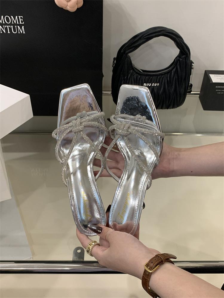 Square Head Rhinestone High-heeled Drag Women's Outer Wear 2025 Summer New Evening Wind Beauty One Foot Cool Slippers
