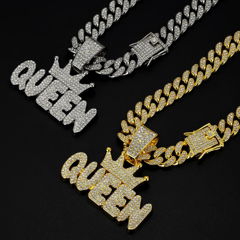 Collar con Colgante de Corona Hip Hop para Hombre con Letra QUEEN para Mujer Cadena Cubana de Cristal con Diamantes de Imitación Collares Bling Congelados Joyería Rock Biker