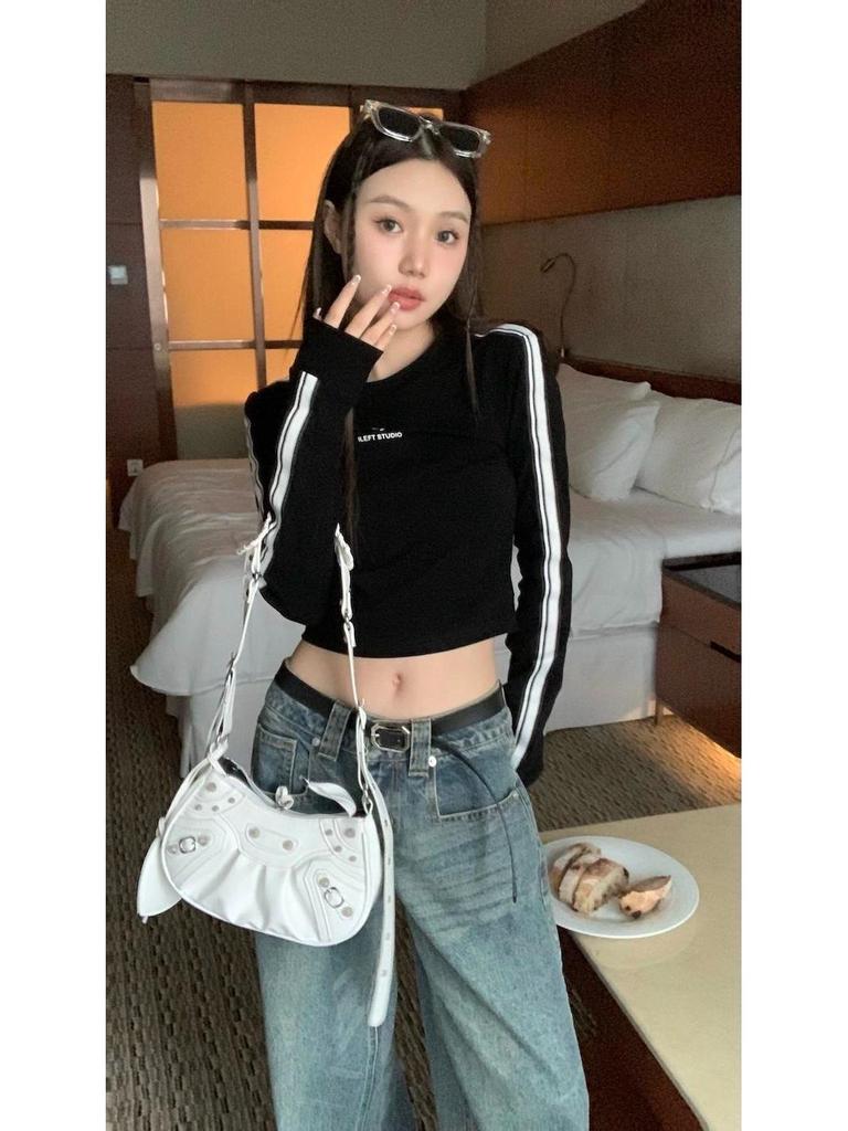 Black Pure Desire Style Short/Long Sleeved T-Shirt - Slim Fit Autumn Top for Women