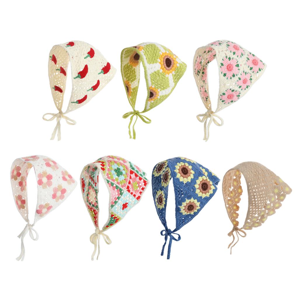 Knitted Flower Headscarf for Female Spring Hollowed Hairband Decorative Headwrap Music Festival Hairscarf Photo Headband