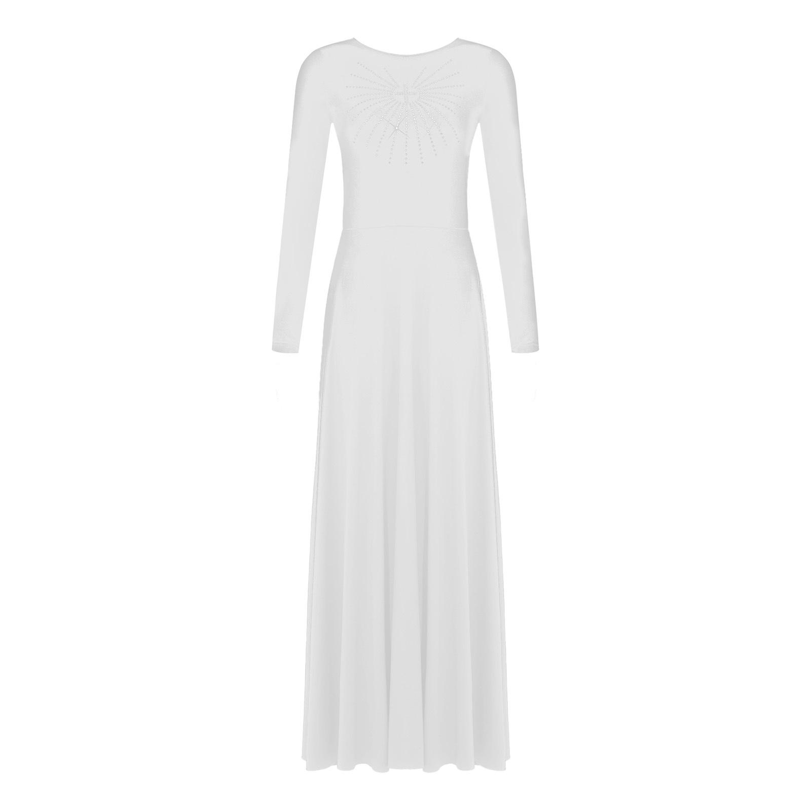 

Womens Liturgical Lyrical Dance Dress Front Rhinestones Long Sleeve Crew Neck A-Line Maxi Dress Tunic M
