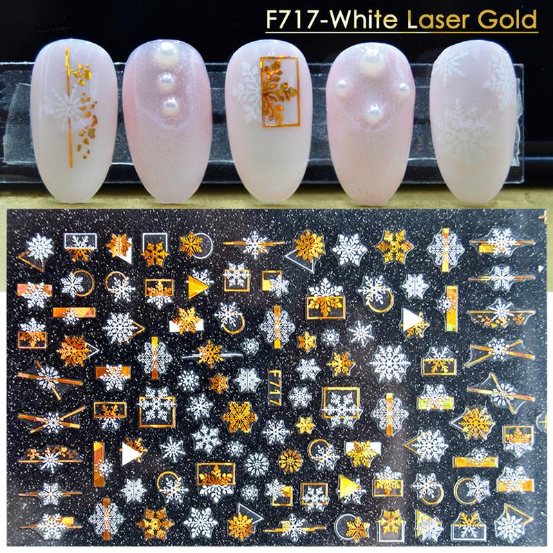 1 Pc 3D Snowflakes Leaf Geometry Lines Letter for Manicure Sliders Holographic Laser Gold White Christmas Nail Sticker