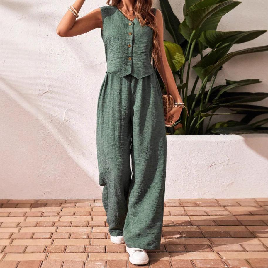 Summer Cotton Linen Women V-Neck Vest Front Button Vest Trousers Casual Suit Women Short Vest Top + Pants Two Peice Set