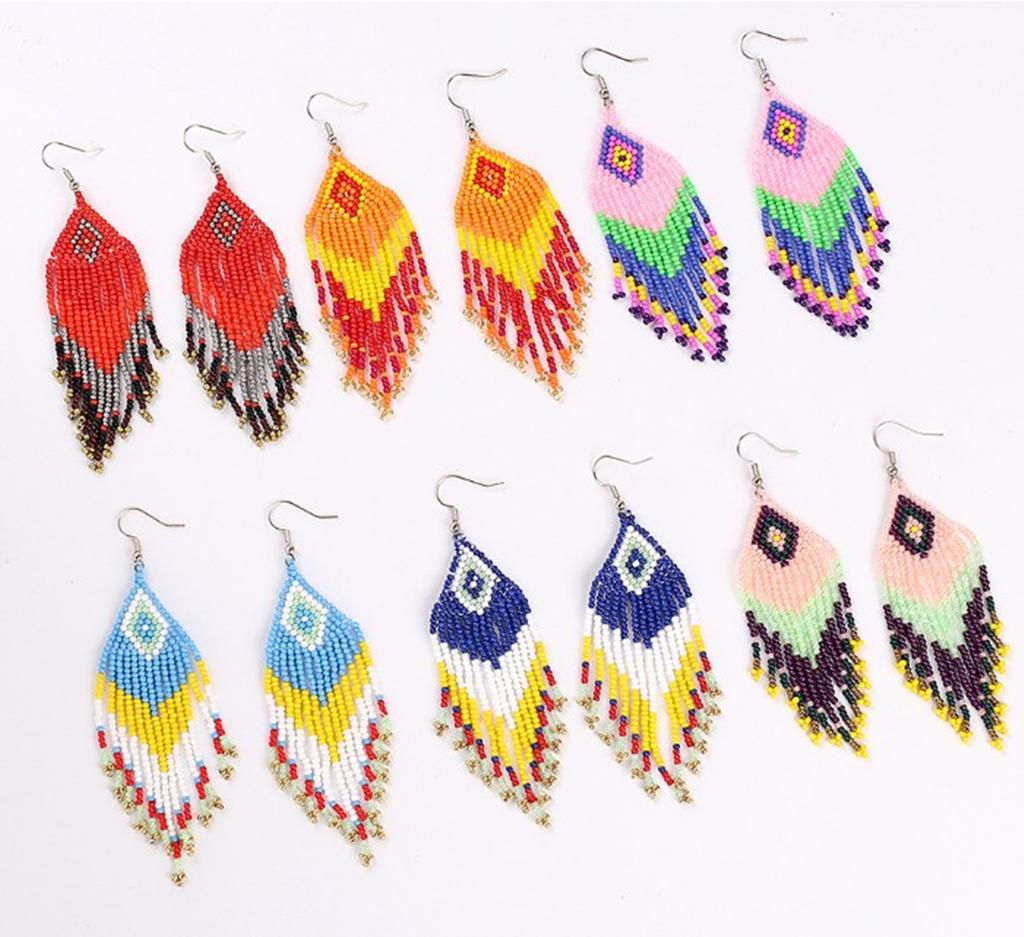 String Beads Beaded Handmade Bohemian Long Statement Tassel Earrings Beaded Earrings