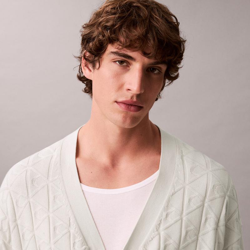 Calvin Klein Cotton Jacquard Textured Button V-Neck Loose Knit Sweater Men tops 4RE309G