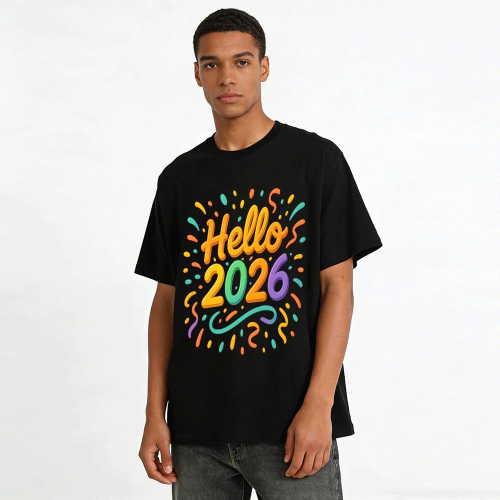 Hello 2026 New Year Printed Casual Sweatshirt Holiday Party Top Pure Cotton T-shirt