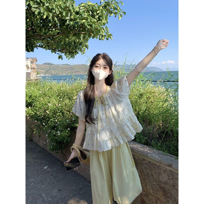 Kumikumi Vacation Set French Style Polka Dot Puff Sleeve Shirts Women Summer Loose Blue Skirt Two-piece Set