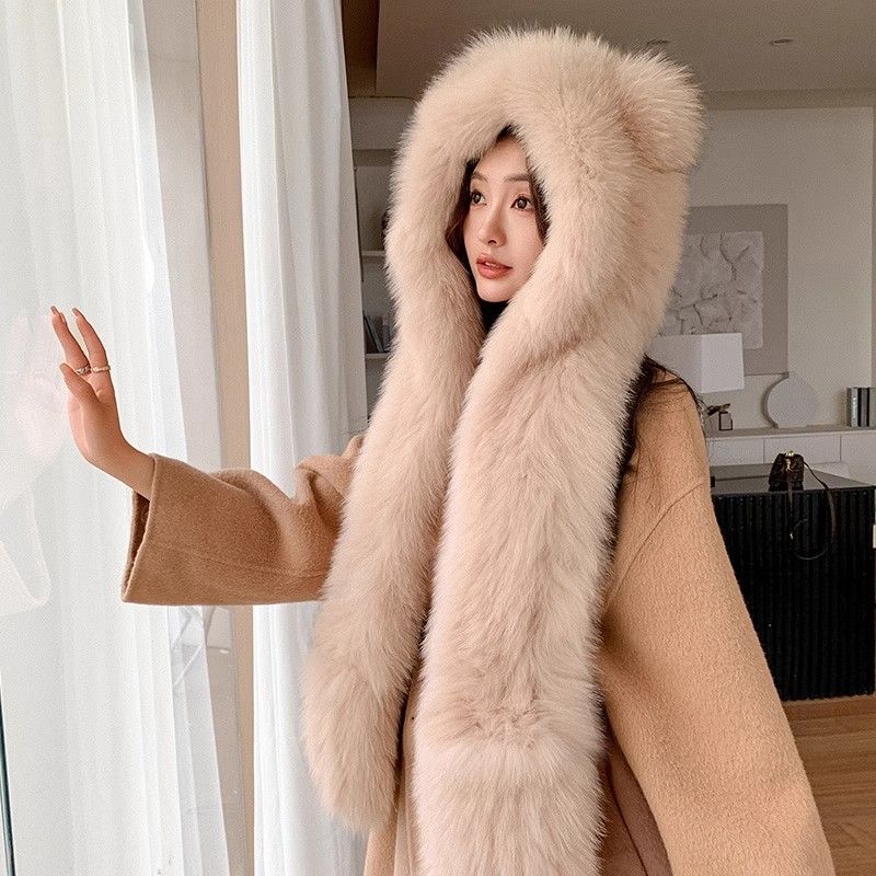 Cute Bear Imitation Fox Hair Hat Scarf Gloves Three-piece Set Fur Snow Hat Women's Winter Warm Scarf